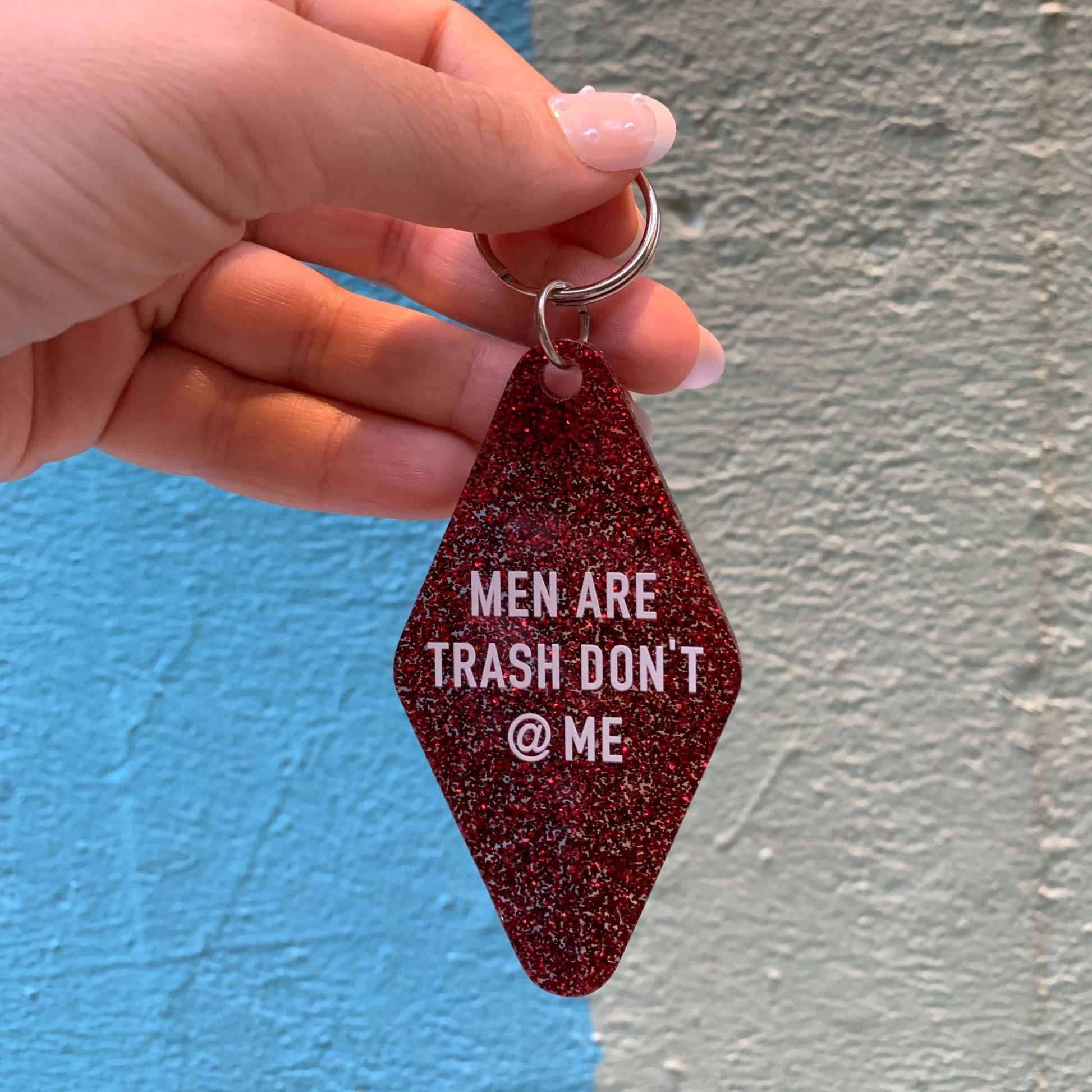 Men Are Trash Don't @ Me Motel Keychain in Glitter Maroon