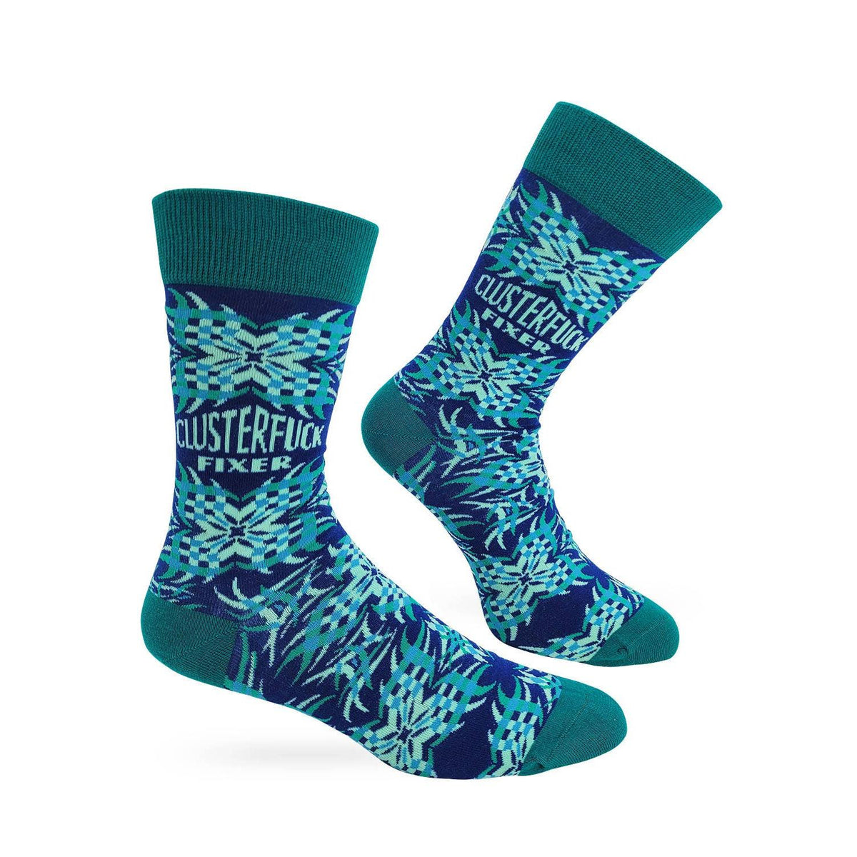 A pair of crew socks with a teal, blue, and white patterned design. The socks feature the text 'CLUSTERFUCK FIXER' printed on the sides, with a solid teal ribbed cuff, heel, and toe.
