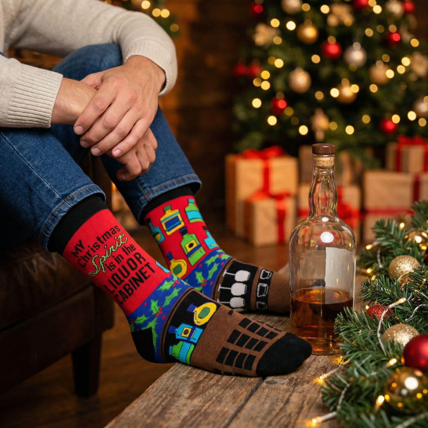 Men's My Christmas Spirit is in the Liquor Cabinet Novelty Crew Socks