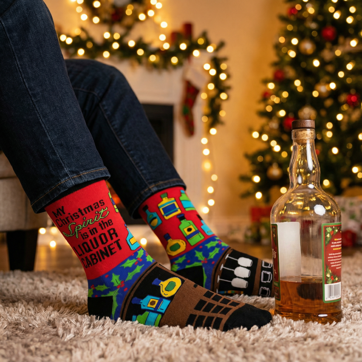 Men's My Christmas Spirit is in the Liquor Cabinet Novelty Crew Socks-Fabdaz-The Bullish Store