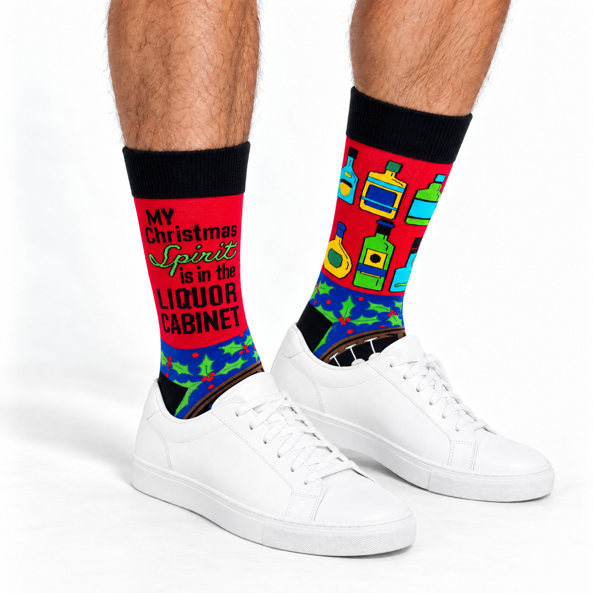Men's My Christmas Spirit is in the Liquor Cabinet Novelty Crew Socks-Fabdaz-The Bullish Store