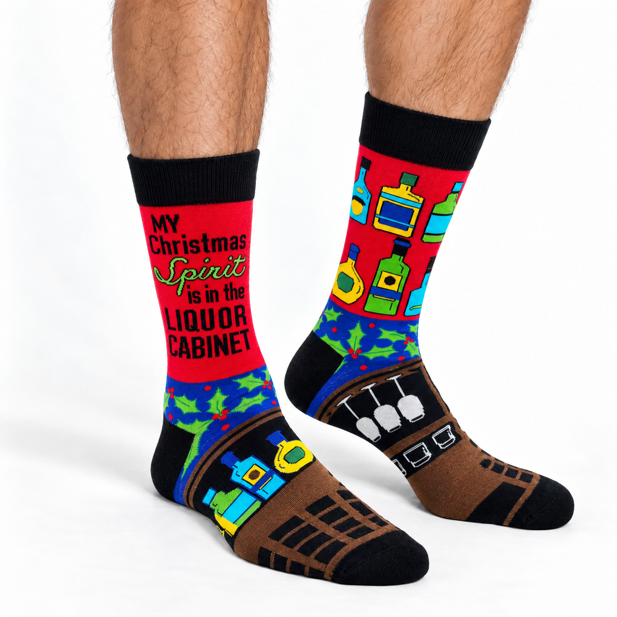 Men's My Christmas Spirit is in the Liquor Cabinet Novelty Crew Socks-Fabdaz-The Bullish Store