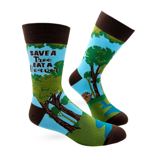 Men's Save The Tree Eat A Beaver Novelty Crew Socks