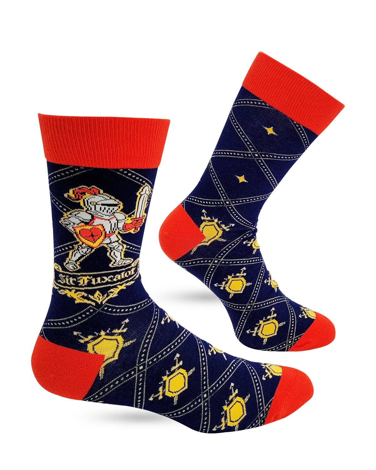 Navy blue socks with red accents and a graphic design