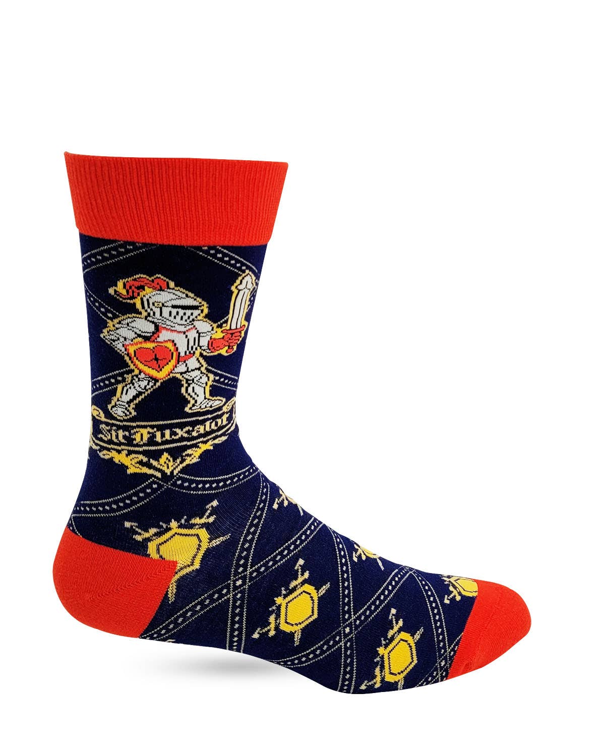 Sock with knight design and red accents 