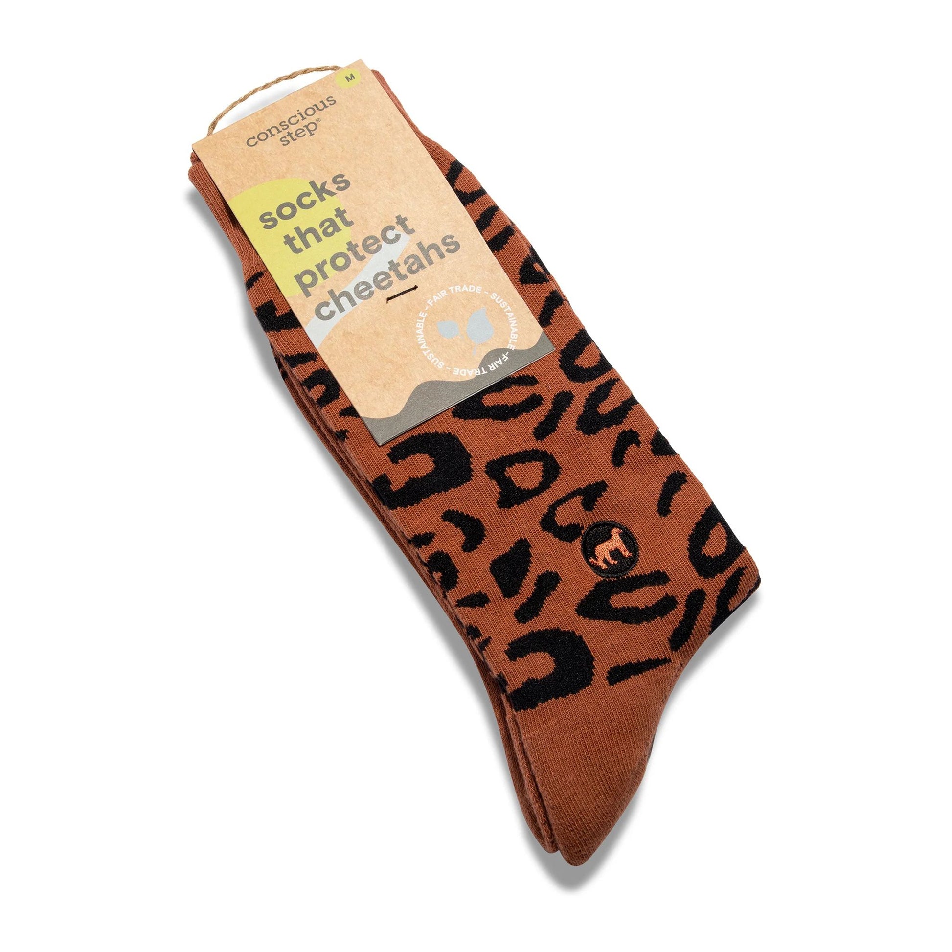 Men's Socks That Protect Cheetahs - Rust Leopard Print | Fair Trade | Fits Men's Sizes 8.5-13