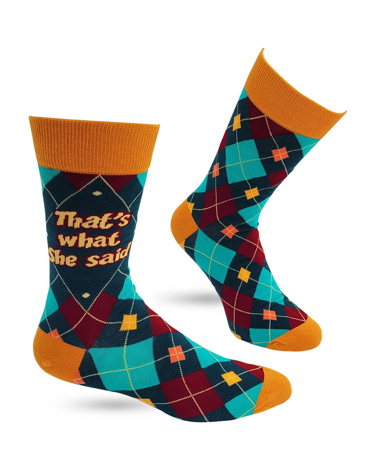 Colorful socks with argyle pattern and text 'That's what she said'
