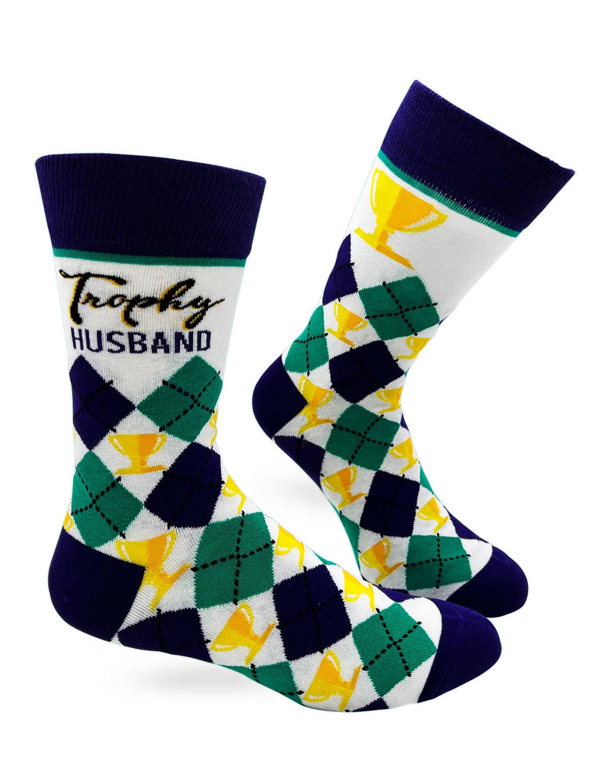 Pair of socks with argyle pattern and 'Trophy Husband' text 
