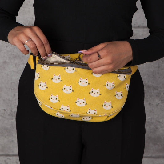 Meow Meow Cats Cotton Hip Bag Adjustable Strap | Yellow Waist Belt Fanny Pack
