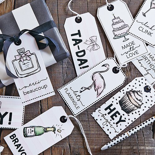 Merci Beaucoup Gift Tag Book | 24 Pretty Cardstock Tags | Clink Clink, Hey Sugar, Bravo, Happy Birthday, Etc.