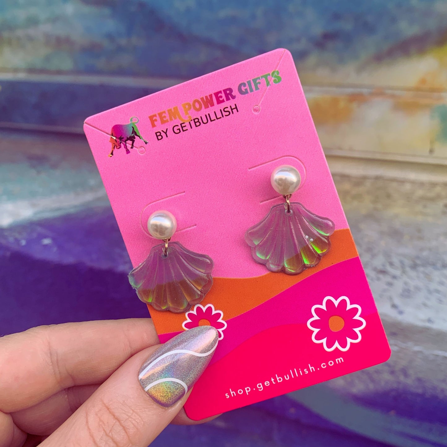Mermaid Shell Earrings | Iridescent Seashell Drops with Pearl Accent