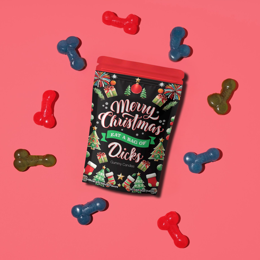 Merry Christmas Eat a Bag of Dicks Funny Holiday Gummy Candy Bag | Hilarious Gag Gift & Stocking Stuffer