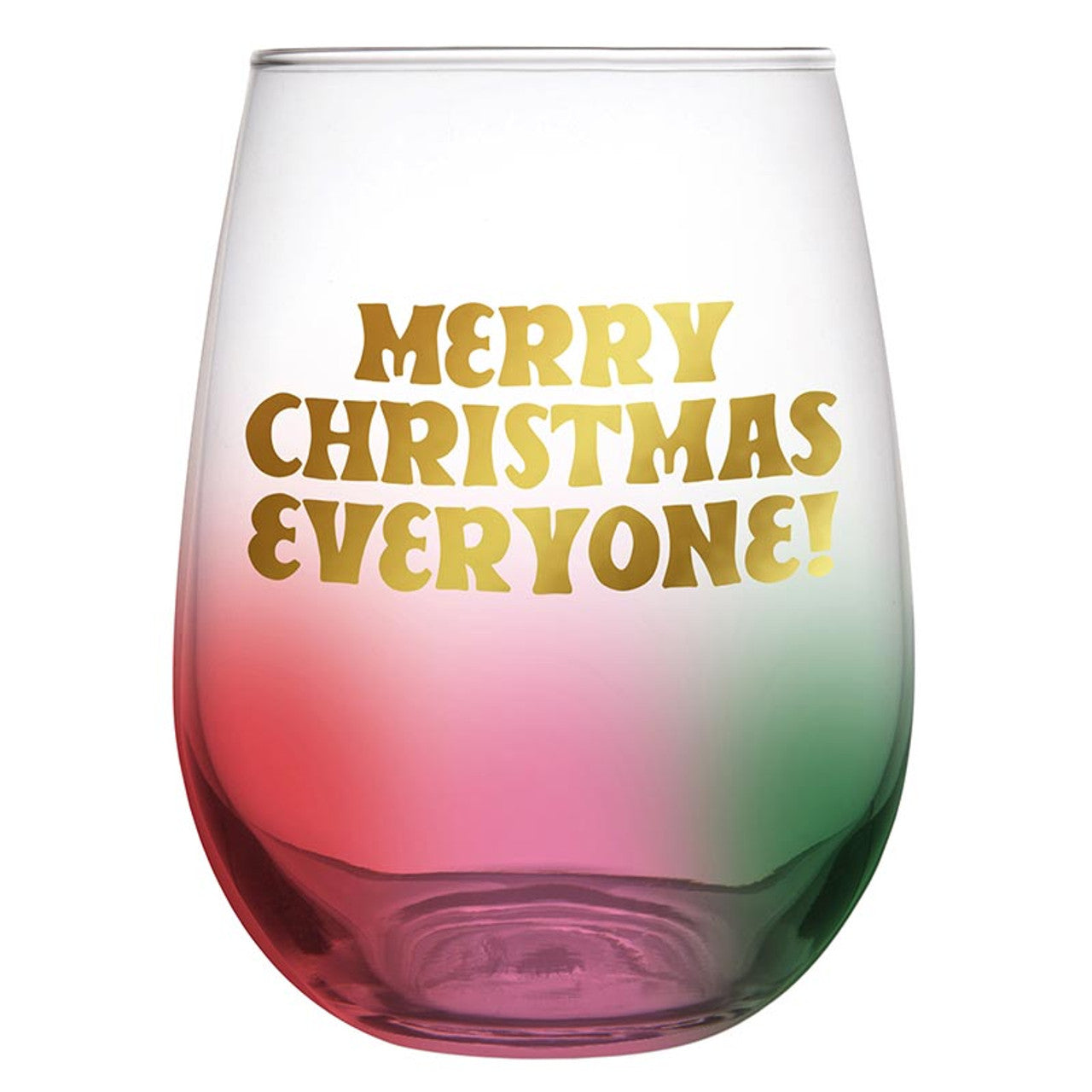 Merry Christmas Everyone Stemless Wine Glass in Multicolored Tinted Glass | Holiday Drinkware