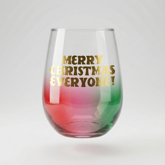 Merry Christmas Everyone Stemless Wine Glass in Multicolored Tinted Glass | Holiday Drinkware