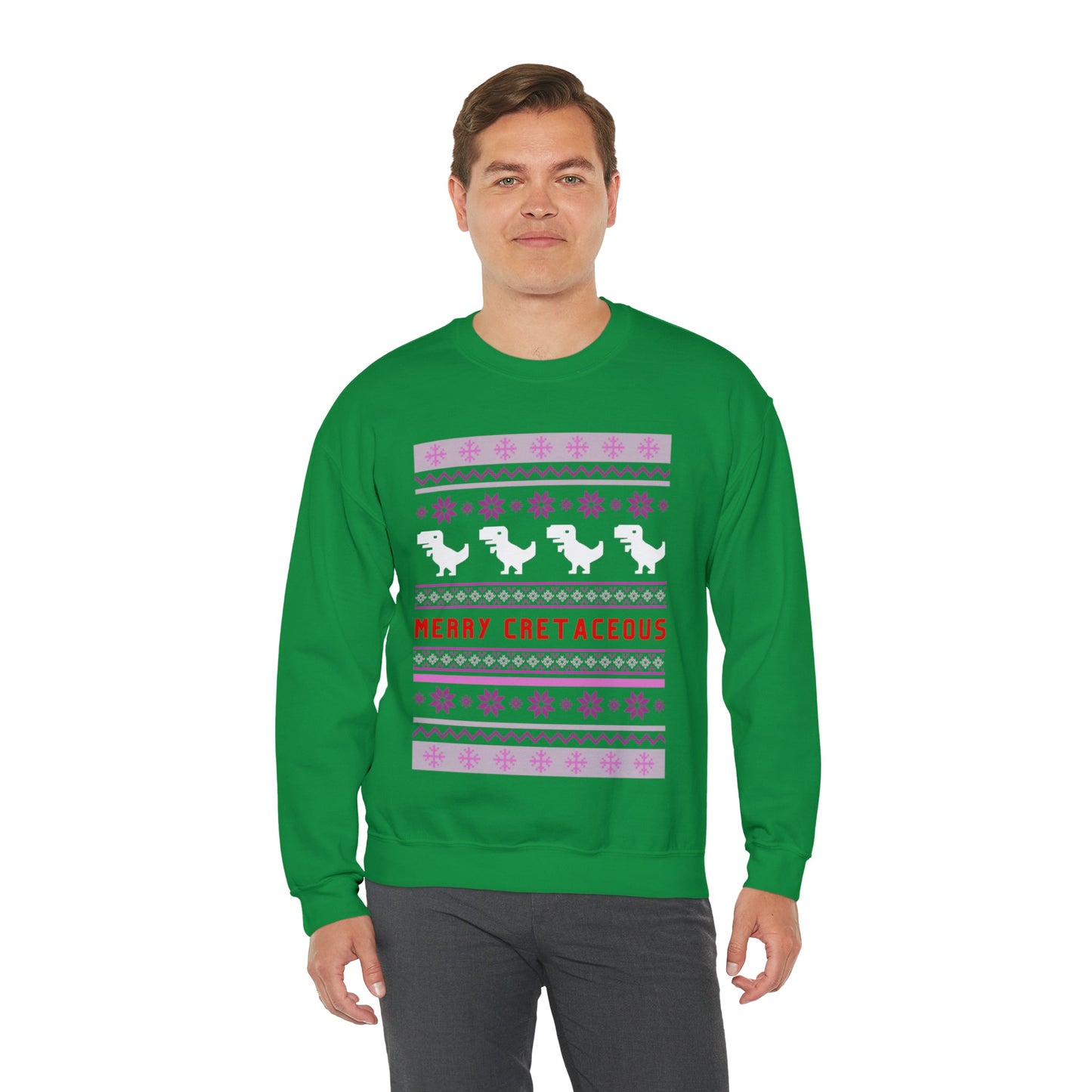 Merry Cretaceous T-Rex "Ugly Christmas Sweater" Unisex Heavy Blend™ Crewneck Sweatshirt (Sizes S-5X)