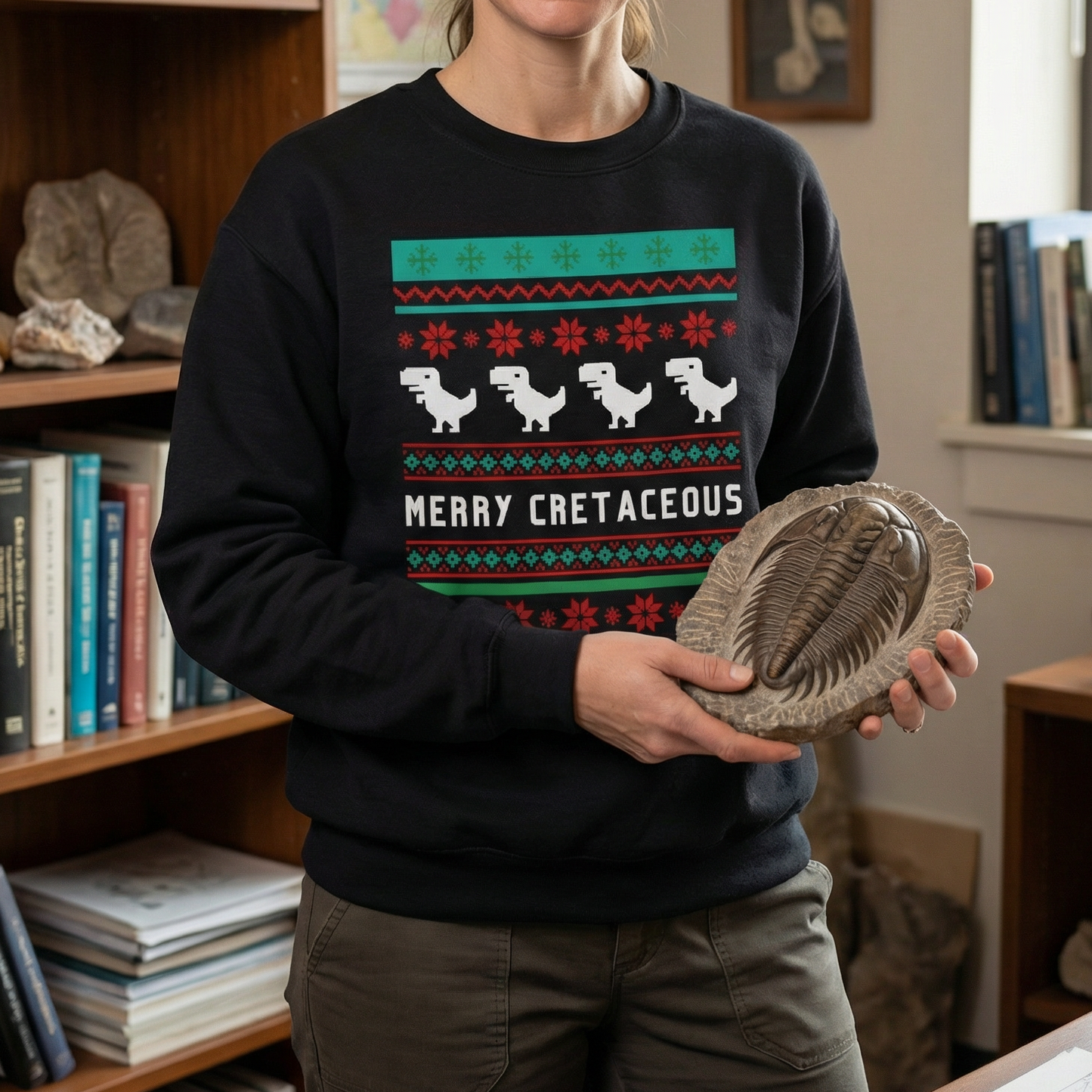 Person wearing a sweater with a dinosaur design, holding a fossil in a room with bookshelves and maps.