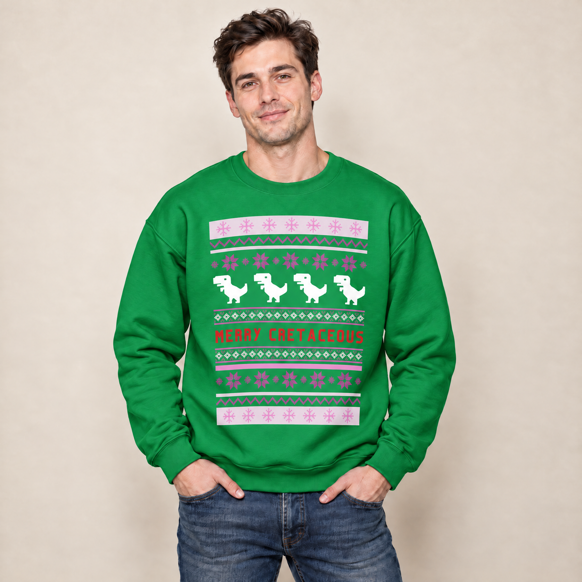 Merry Cretaceous T-Rex "Ugly Christmas Sweater" Unisex Heavy Blend™ Crewneck Sweatshirt (Sizes S-5X)-GetBullish-The Bullish Store