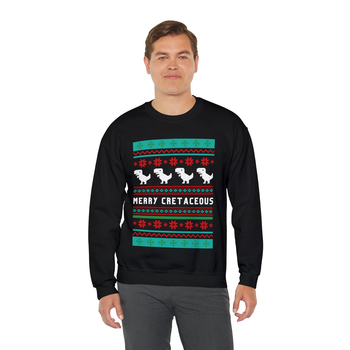 Merry Cretaceous T-Rex "Ugly Christmas Sweater" Unisex Heavy Blend™ Crewneck Sweatshirt (Sizes S-5X)