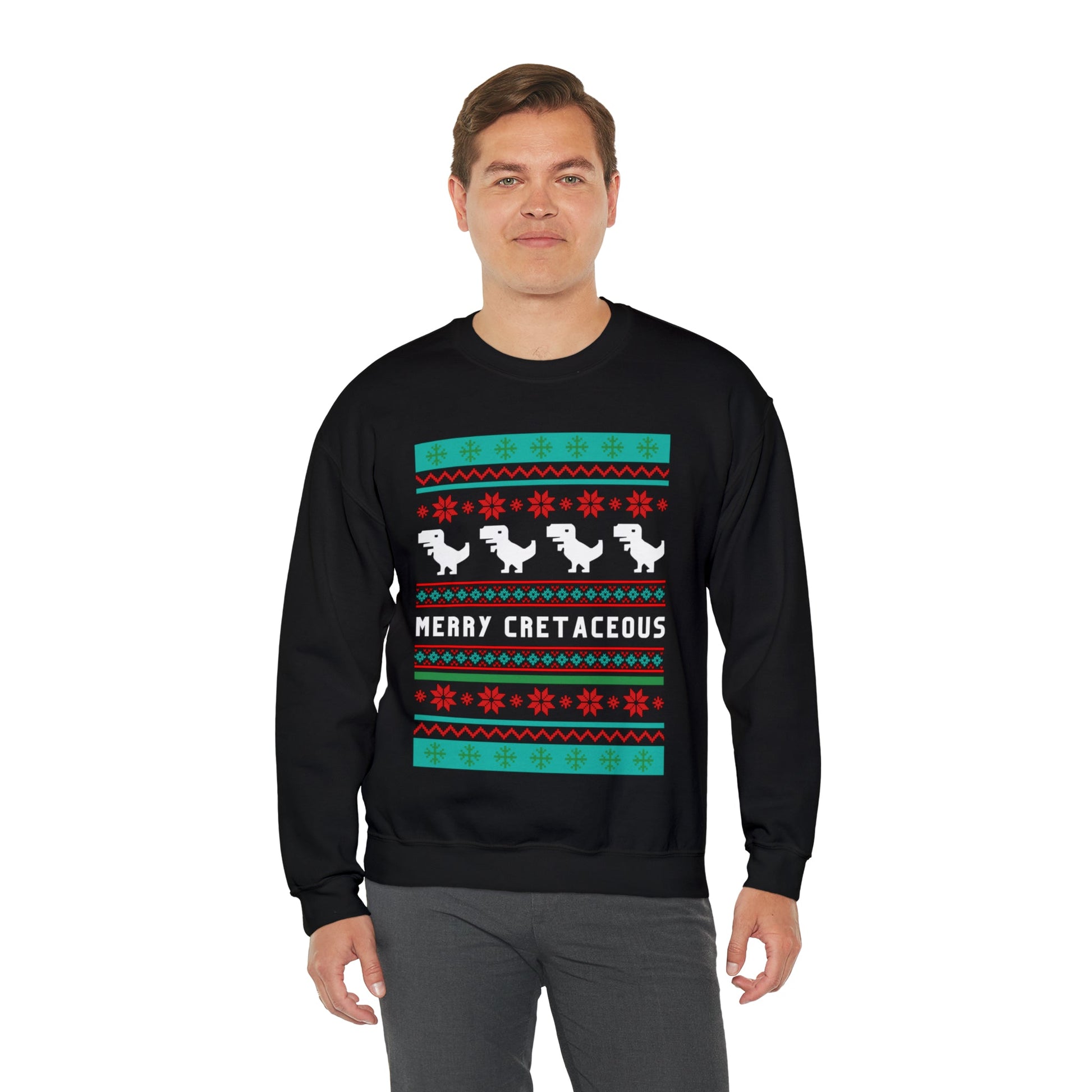 Merry Cretaceous T-Rex "Ugly Christmas Sweater" Unisex Heavy Blend™ Crewneck Sweatshirt (Sizes S-5X)