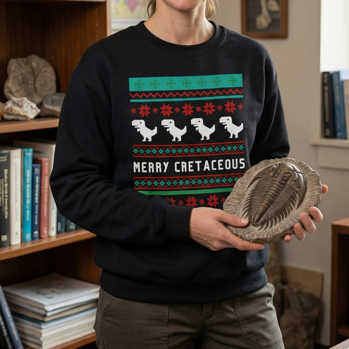 Person wearing a sweater with a dinosaur design, holding a fossil in a room with bookshelves and maps.