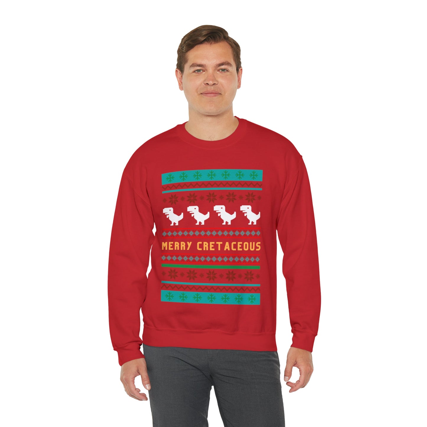 Merry Cretaceous T-Rex "Ugly Christmas Sweater" Unisex Heavy Blend™ Crewneck Sweatshirt (Sizes S-5X)