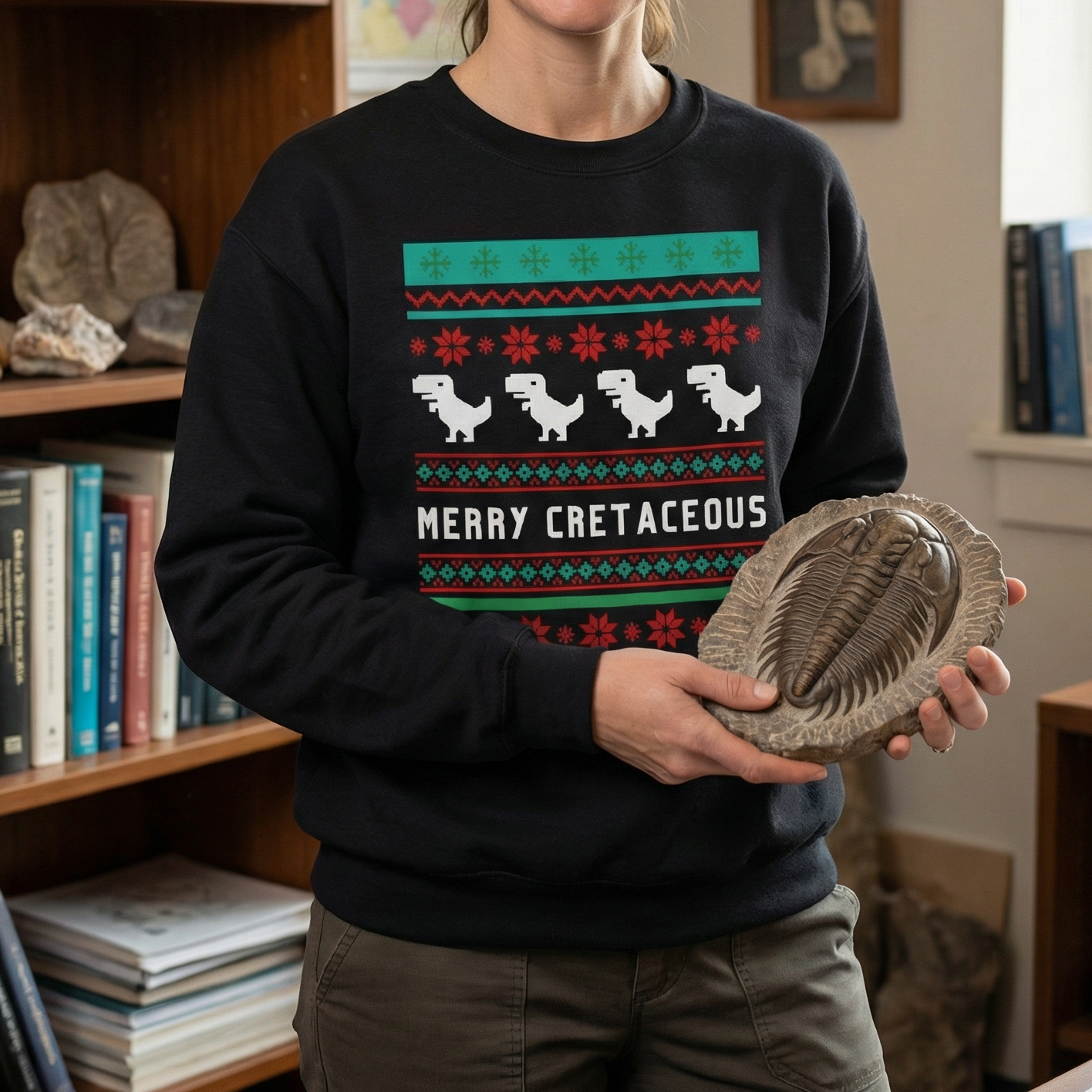 Person wearing a sweater with a dinosaur design, holding a fossil in a room with bookshelves and maps.