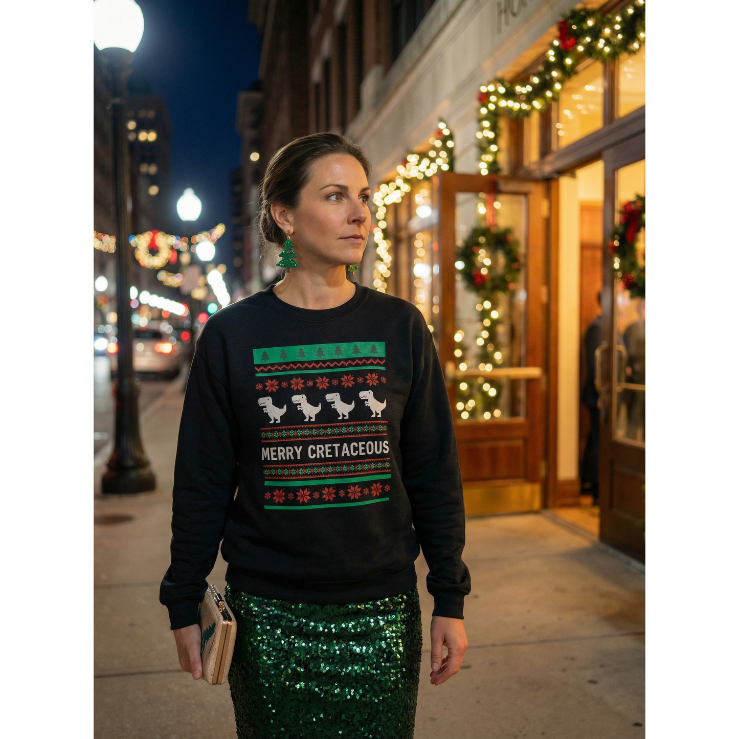 Merry Cretaceous T-Rex "Ugly Christmas Sweater" Unisex Heavy Blend™ Crewneck Sweatshirt (Sizes S-5X)