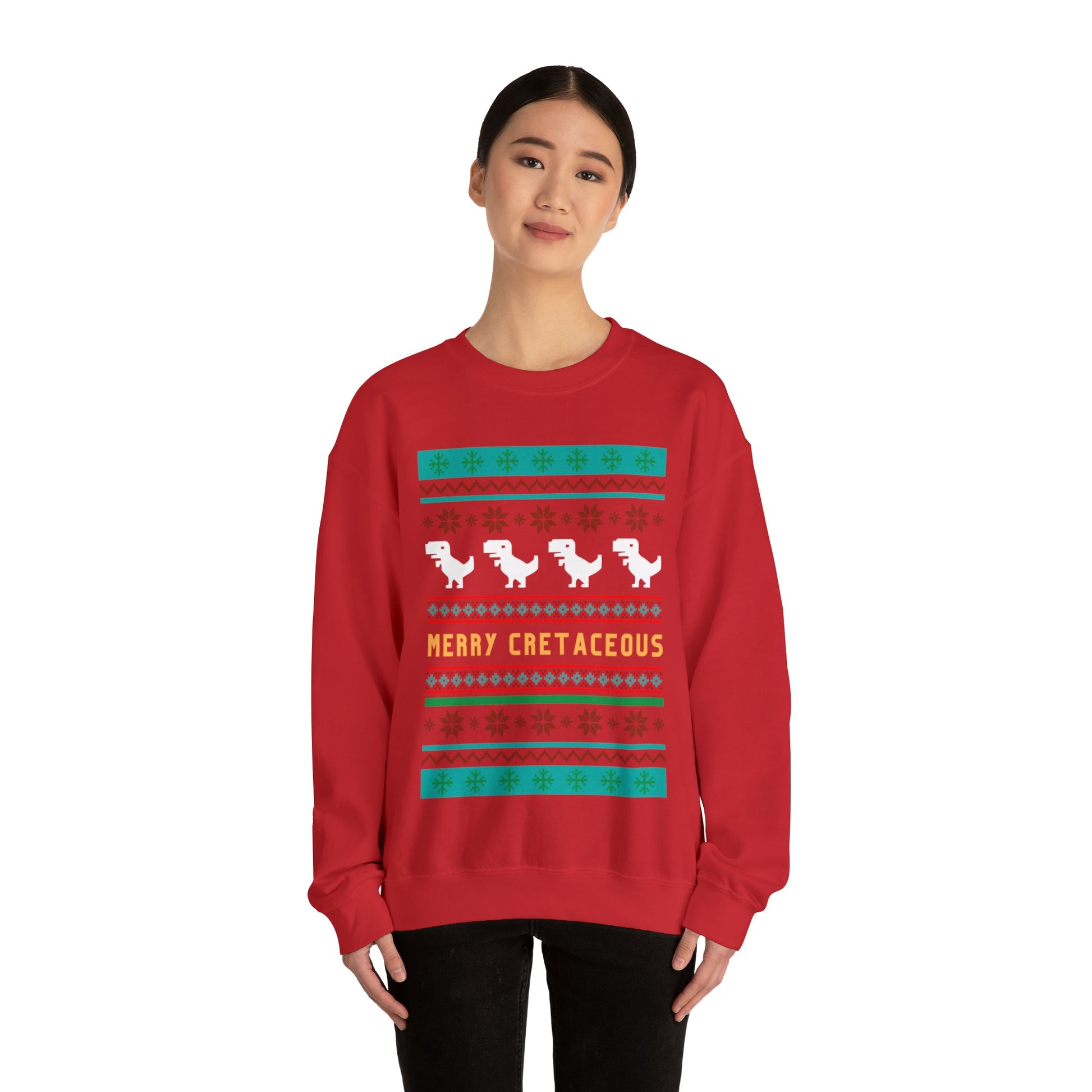 Merry Cretaceous T-Rex "Ugly Christmas Sweater" Unisex Heavy Blend™ Crewneck Sweatshirt (Sizes S-5X)