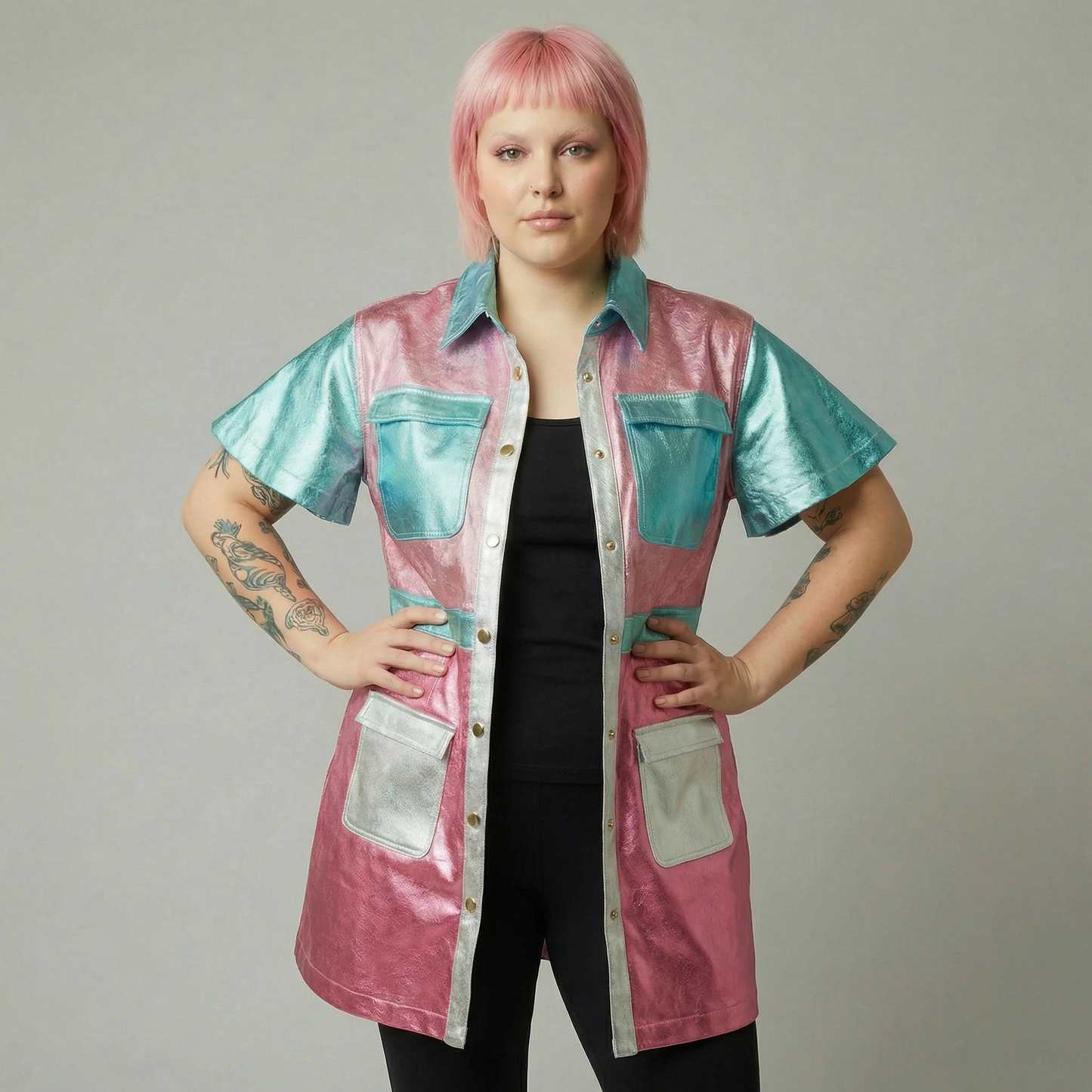 Metallic Color Block Utility Dress | Pinks Teal Blue Silver Patchwork [SM-L]