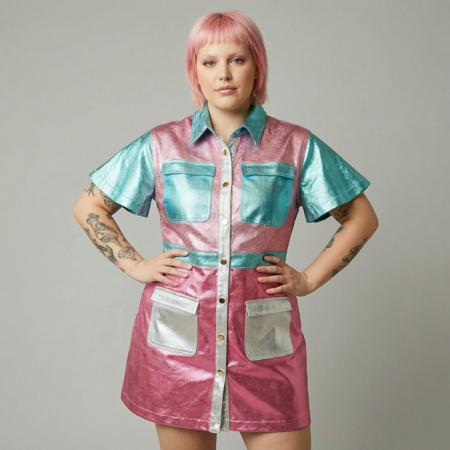 Metallic Color Block Utility Dress | Pinks Teal Blue Silver Patchwork [SM-L]