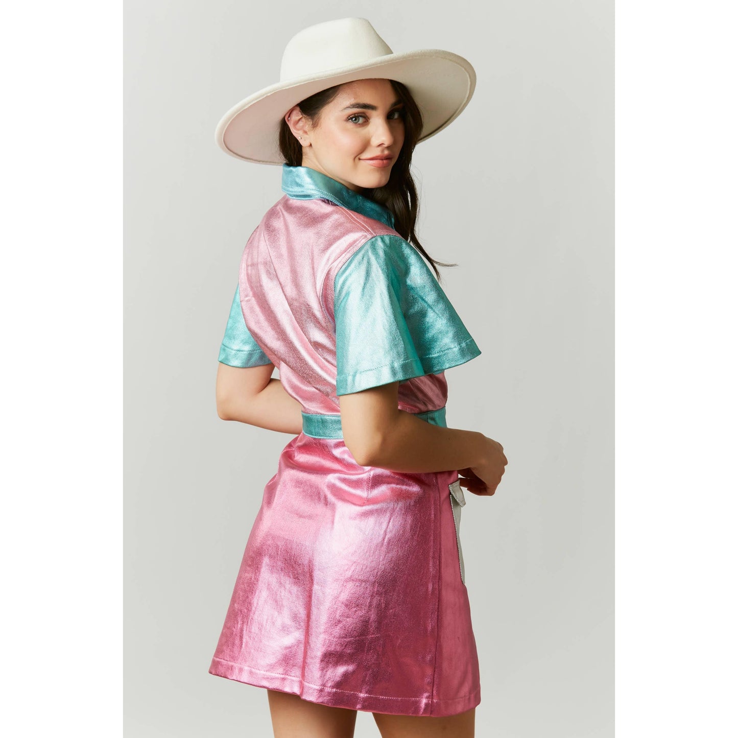 Metallic Color Block Utility Dress | Pinks Teal Blue Silver Patchwork [SM-L]