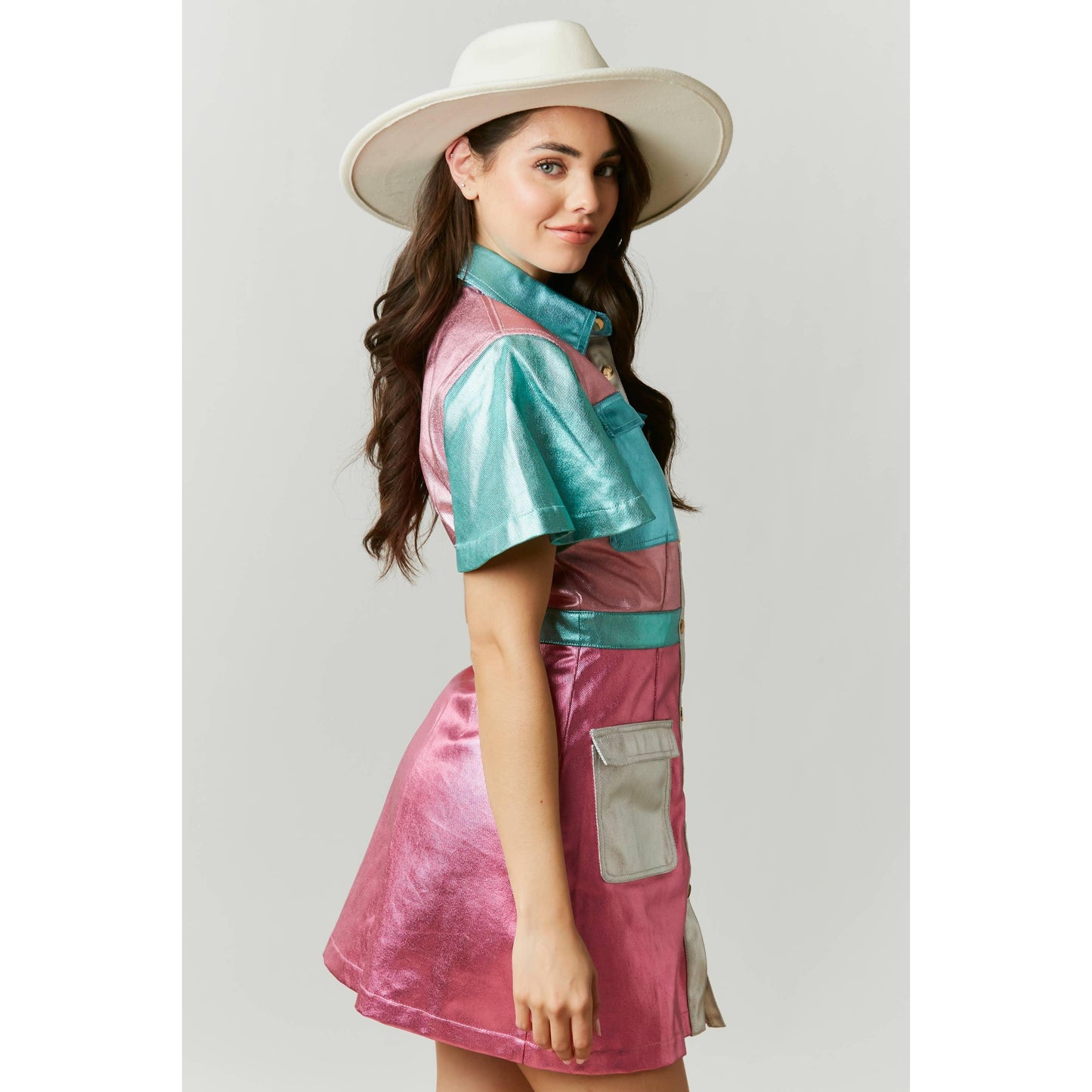 Metallic Color Block Utility Dress | Pinks Teal Blue Silver Patchwork [SM-L]