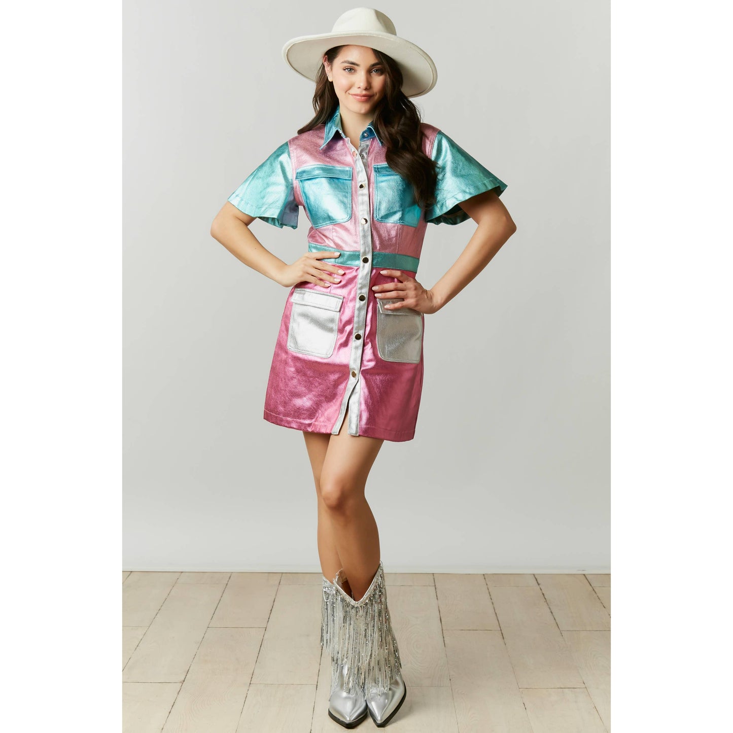Metallic Color Block Utility Dress | Pinks Teal Blue Silver Patchwork [SM-L]