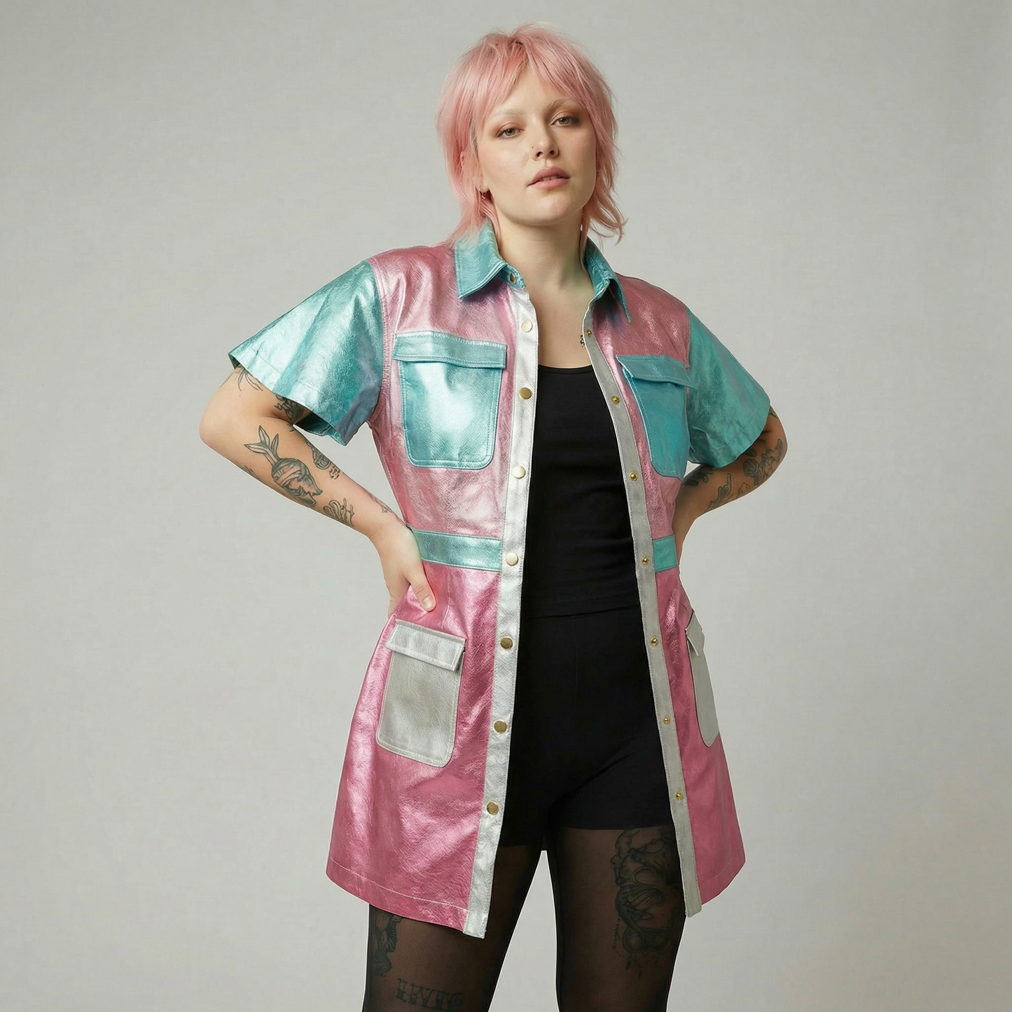Metallic Color Block Utility Dress | Pinks Teal Blue Silver Patchwork [SM-L]