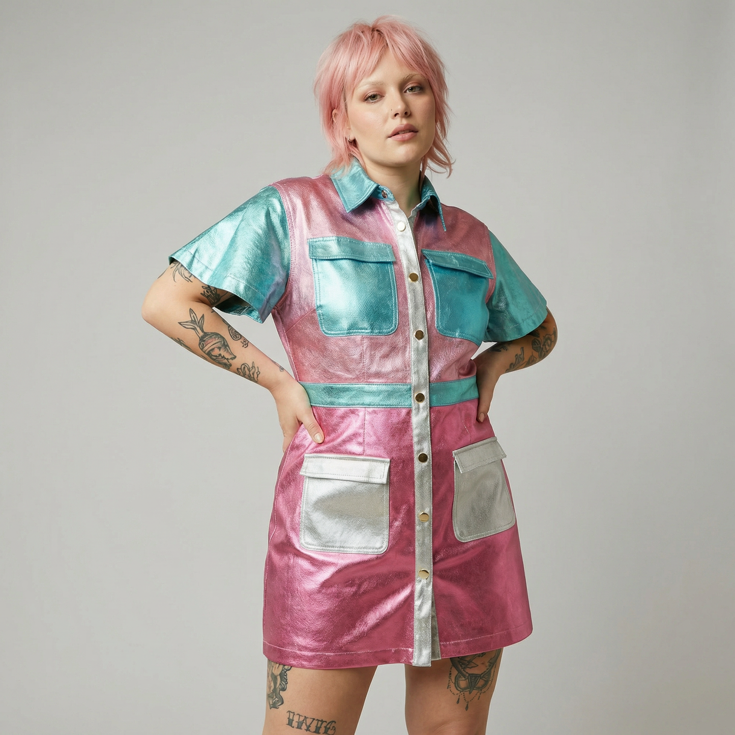 Metallic Color Block Utility Dress | Pinks Teal Blue Silver Patchwork [SM-L]