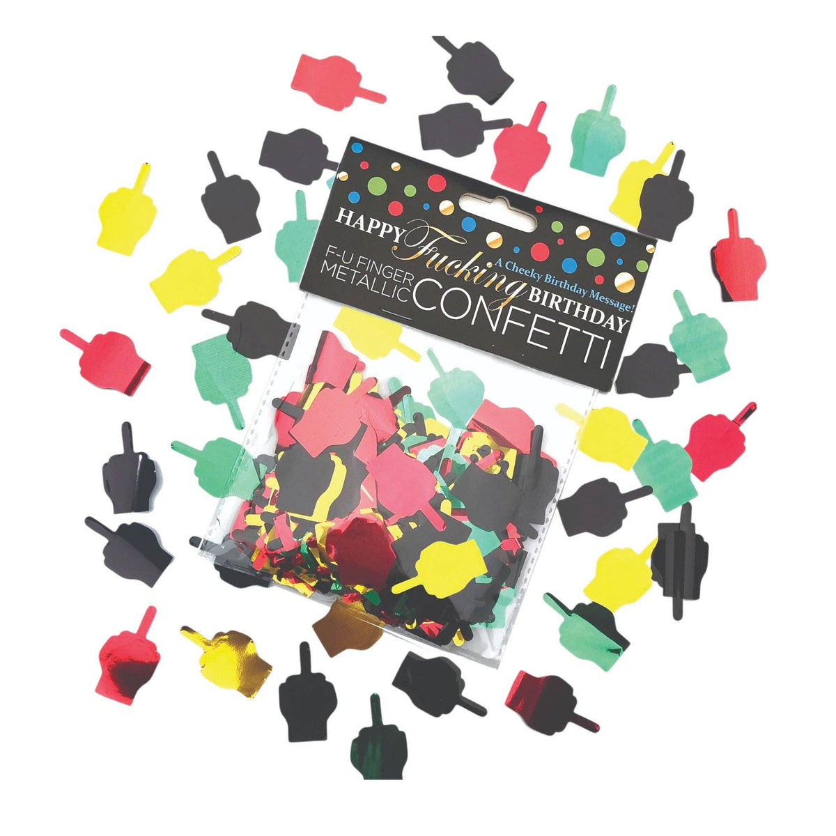 Pack of metallic birthday confetti shaped like male dicks, with the packaging and scattered pieces