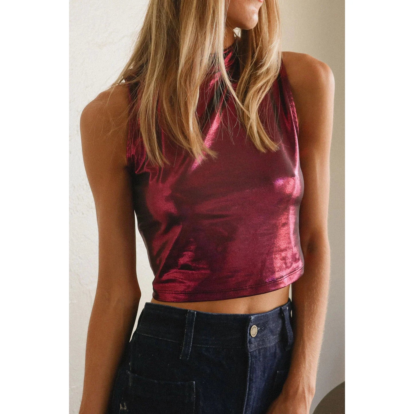 Metallic Mock Neck Crop Top in Gold or Fuchsia