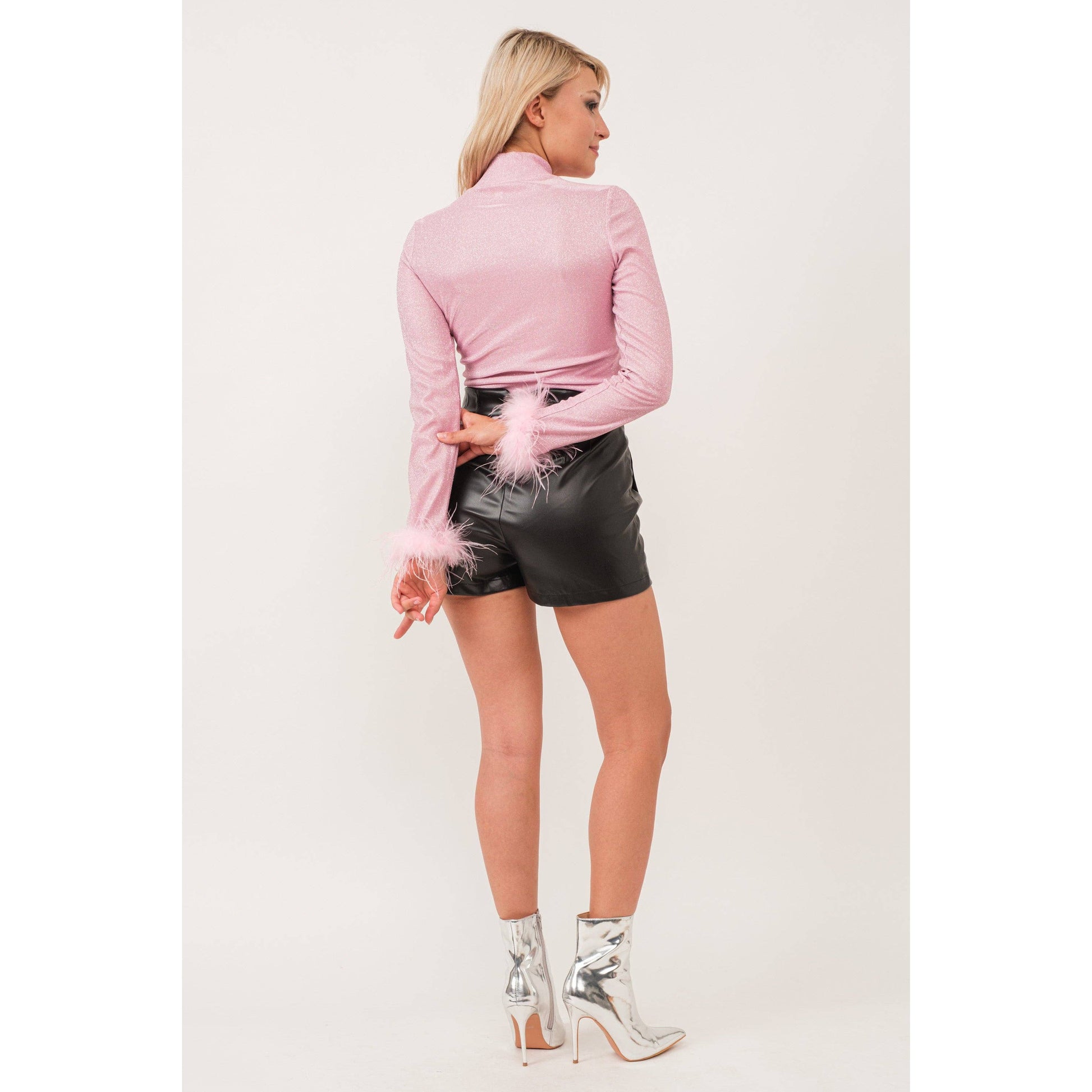 Metallic Turtle Neck Top with Feather Cuffs in Pink | Fall or Winter Long Sleeves Apparel