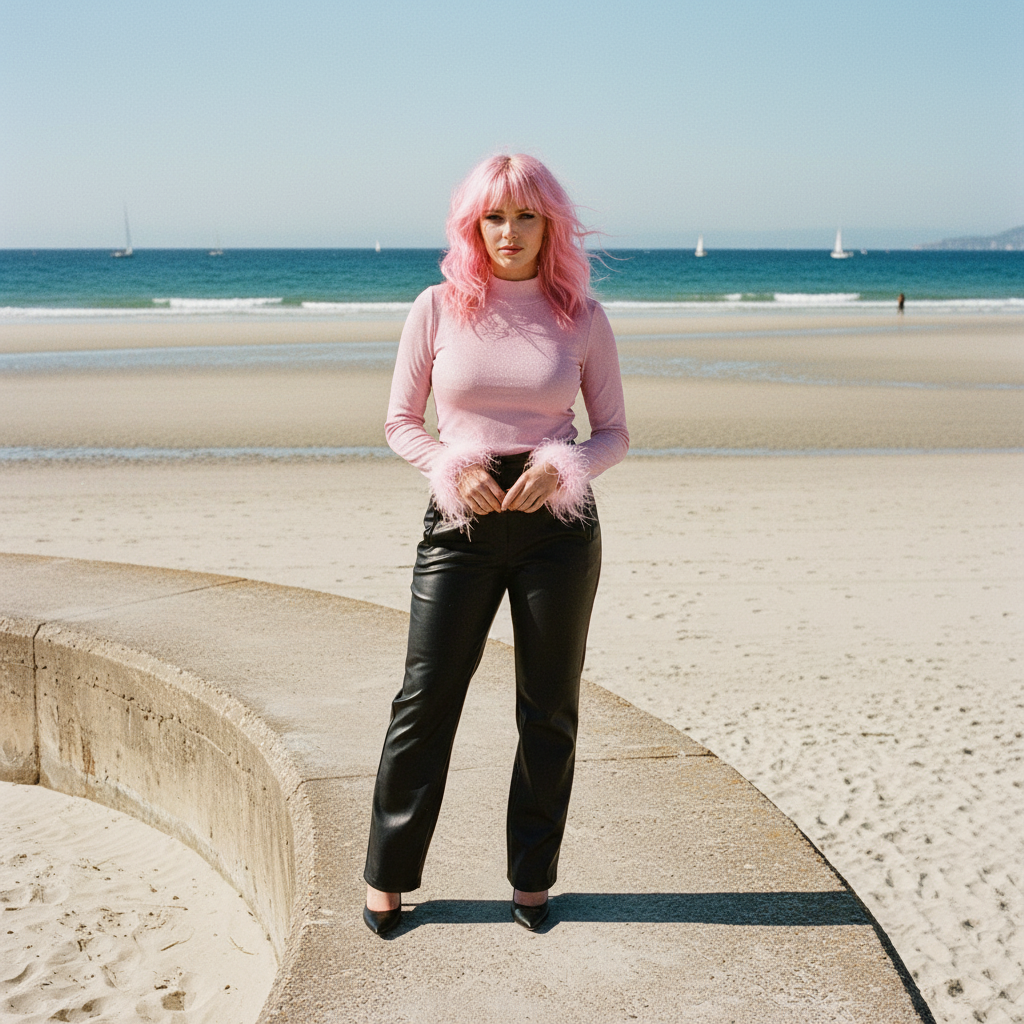 Metallic Turtle Neck Top with Feather Cuffs in Pink | Fall or Winter Long Sleeves Apparel