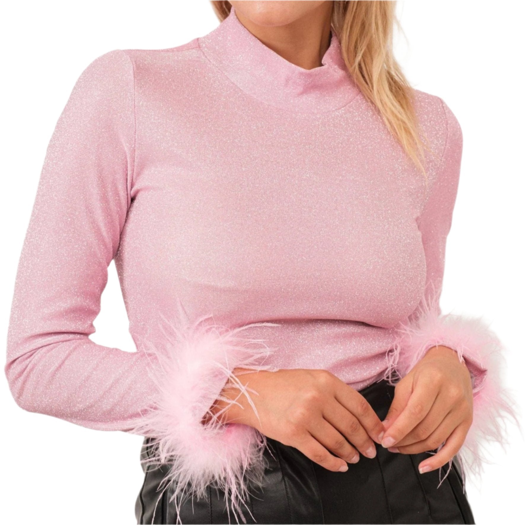 Metallic Turtle Neck Top with Feather Cuffs in Pink | Fall or Winter Long Sleeves Apparel