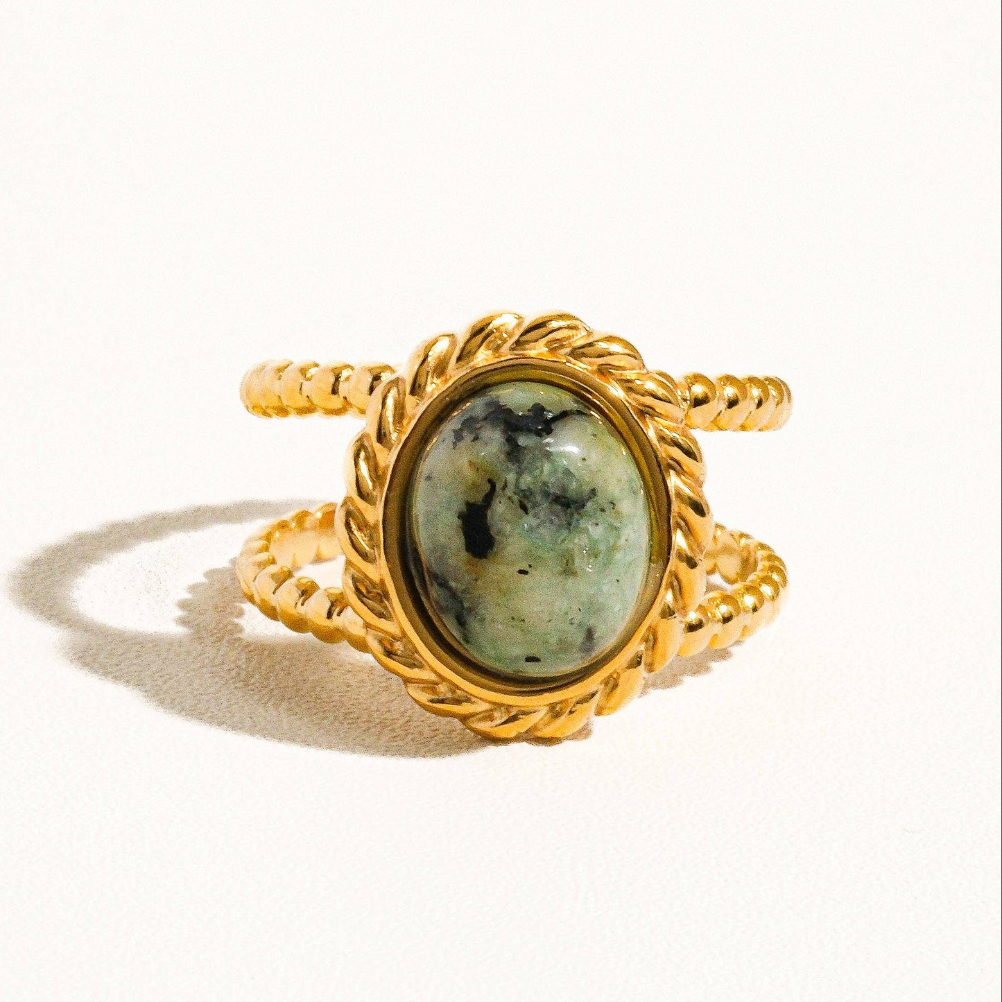 Mica 18K Gold Non-Tarnish Peacock Stone Adjustable Double Band Ring