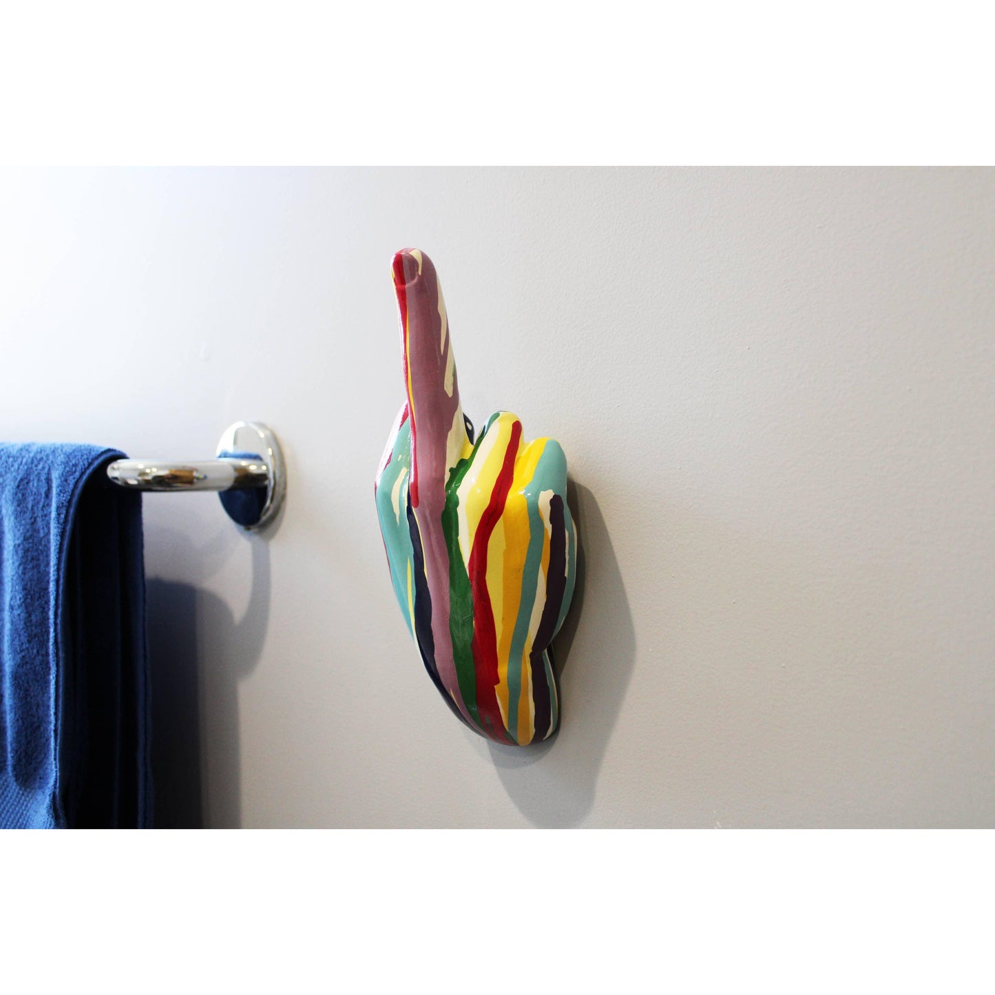 Middle Finger Hand Wall Mounted Hook | Multicolor "Graffiti" Pop Art Sculpture | 9" Tall