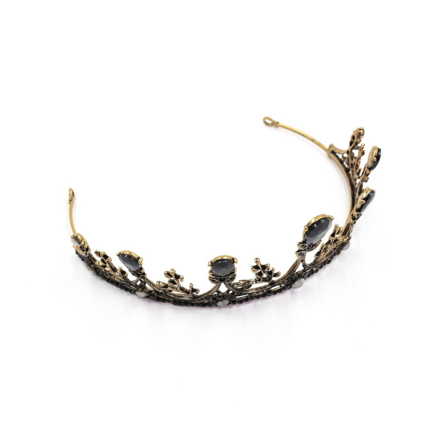 Midnight Blossom Tiara Crown in Gold with Black Gems | Royalty Crown Party or Bridal Hair Accessory