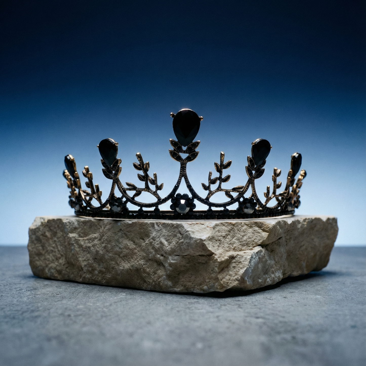 Midnight Blossom Tiara Crown in Gold with Black Gems | Dark Princess Gothic Crown Party or Bridal Hair Accessory