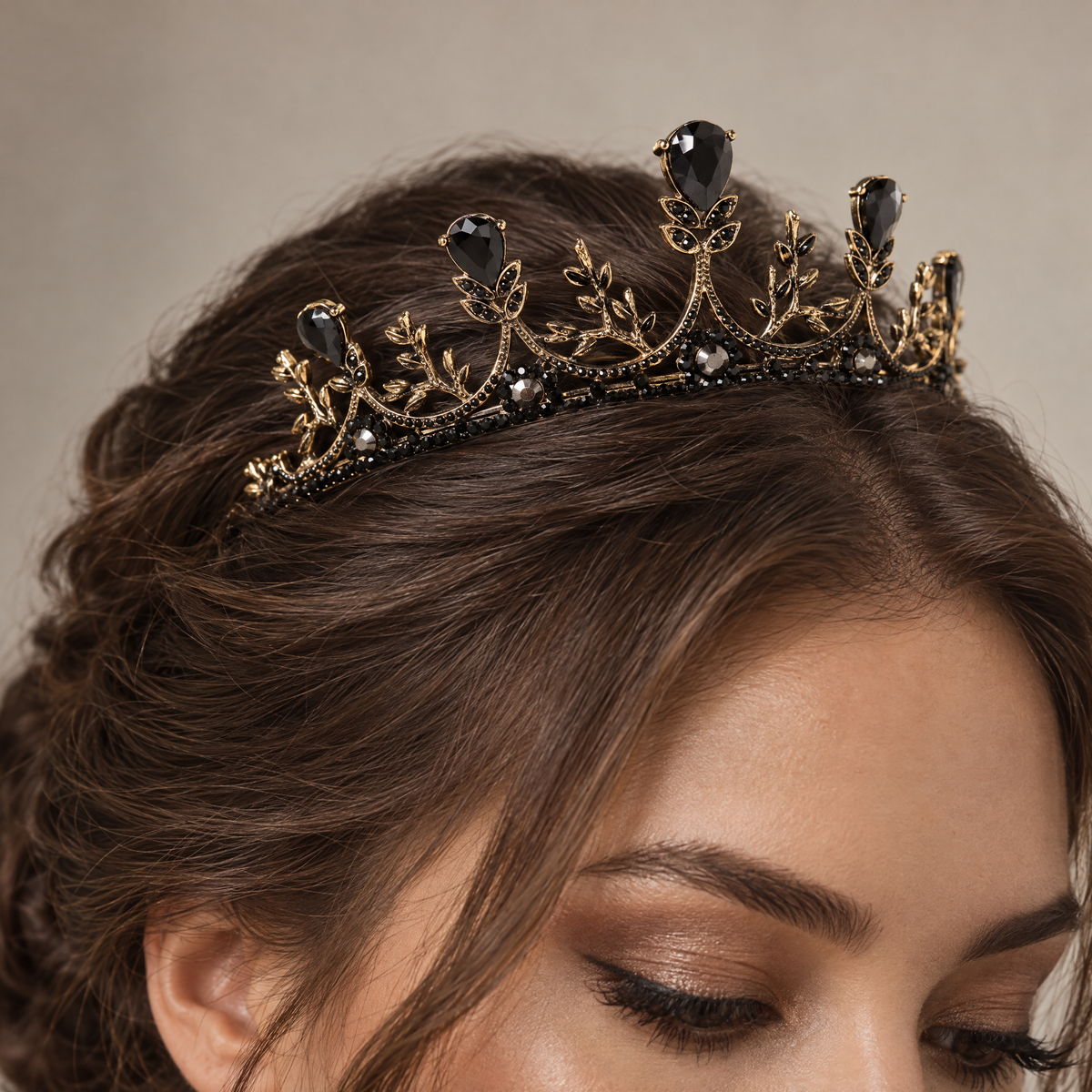 Midnight Blossom Tiara Crown in Gold with Black Gems | Dark Princess Gothic Crown Party or Bridal Hair Accessory-Paper & Quartz-The Bullish Store