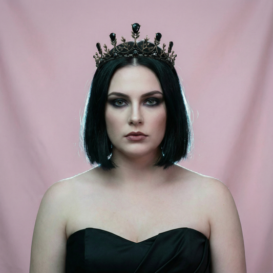 Midnight Blossom Tiara Crown in Gold with Black Gems | Dark Princess Gothic Crown Party or Bridal Hair Accessory