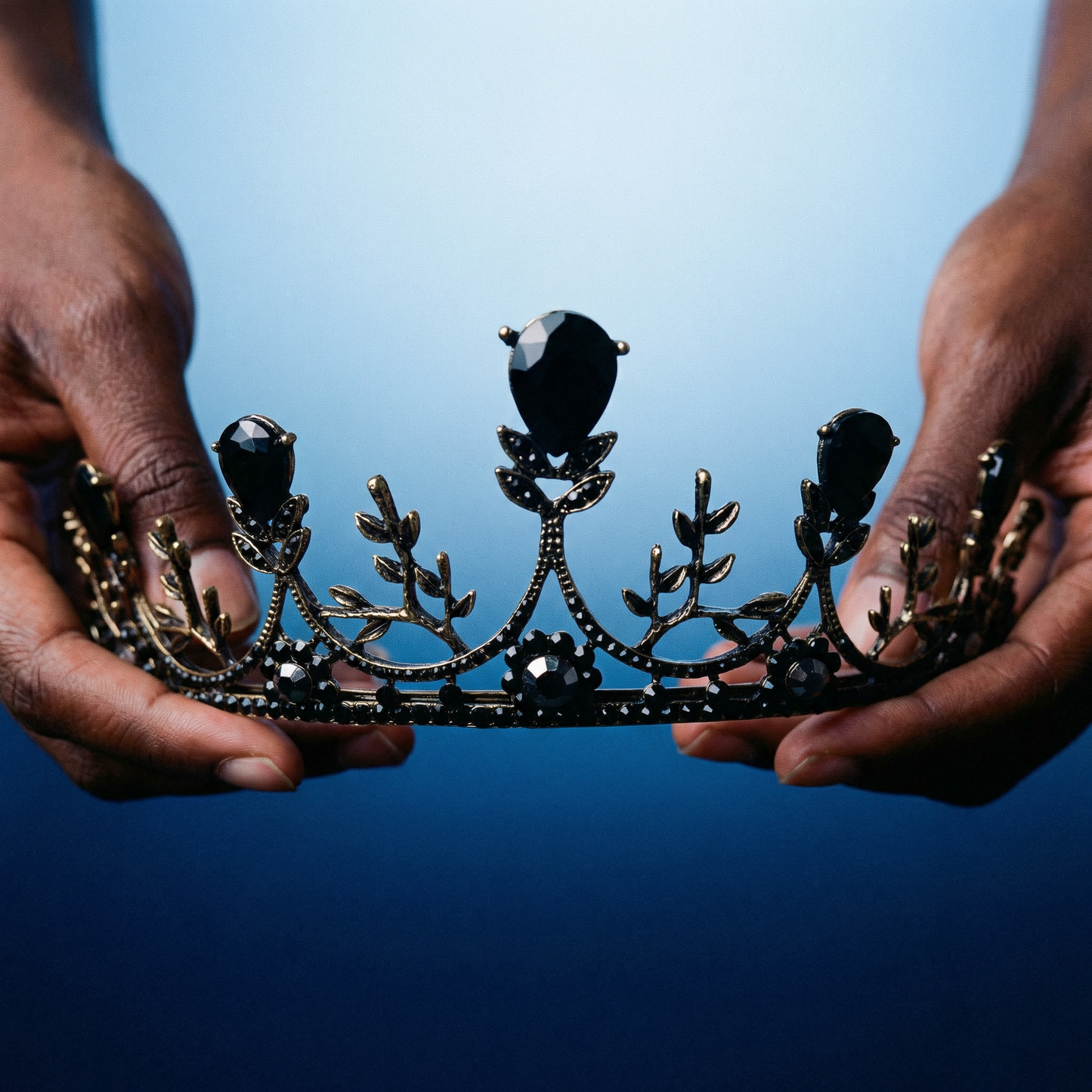 Midnight Blossom Tiara Crown in Gold with Black Gems | Dark Princess Gothic Crown Party or Bridal Hair Accessory