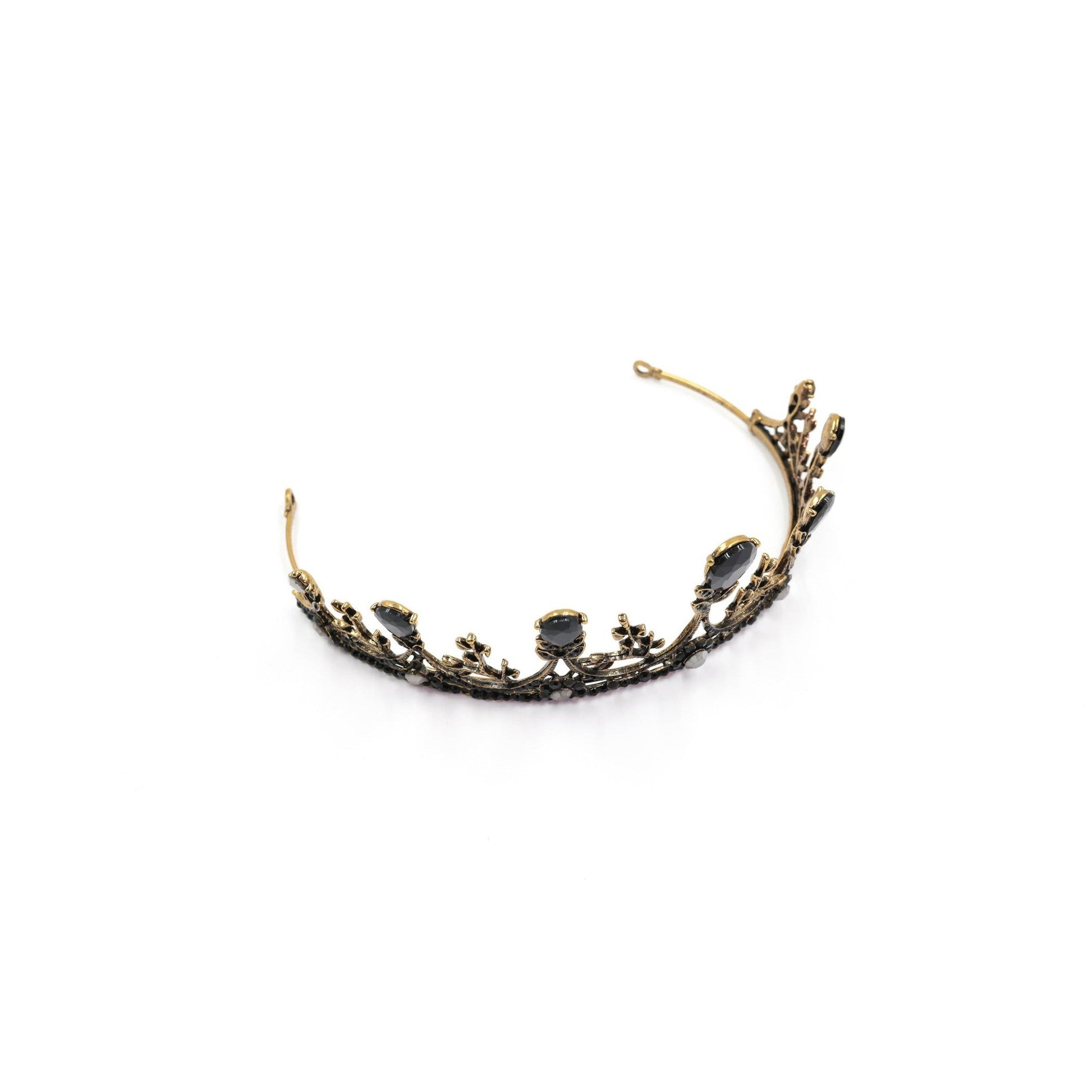 Midnight Blossom Tiara Crown in Gold with Black Gems | Royalty Crown Party or Bridal Hair Accessory