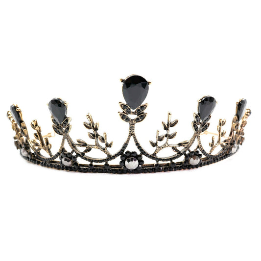 Midnight Blossom Tiara Crown in Gold with Black Gems | Royalty Crown Party or Bridal Hair Accessory