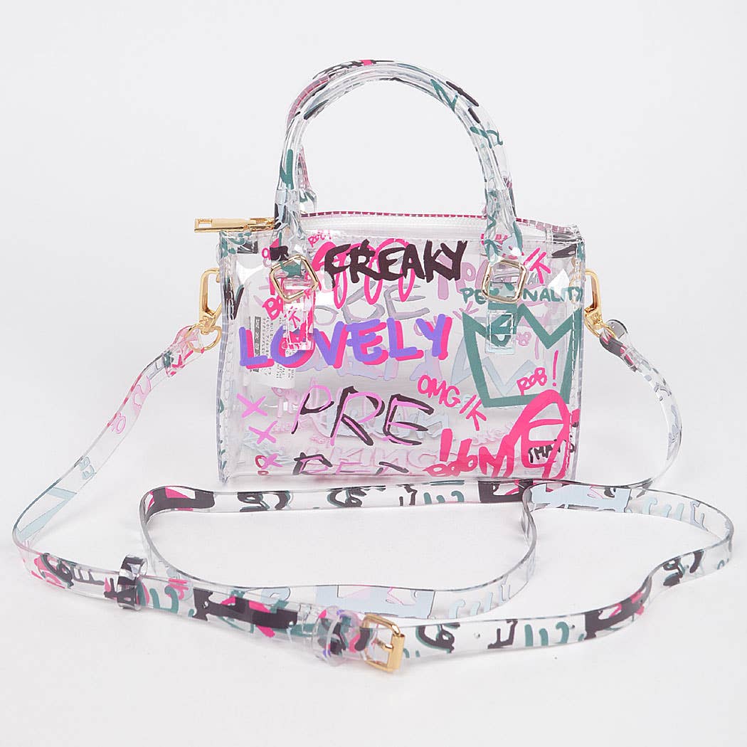 Mini Clear Graffiti PVC Boston Bag | Tiny Crossbody Bag | 6.25"W x 4.25"H x 3.25"D